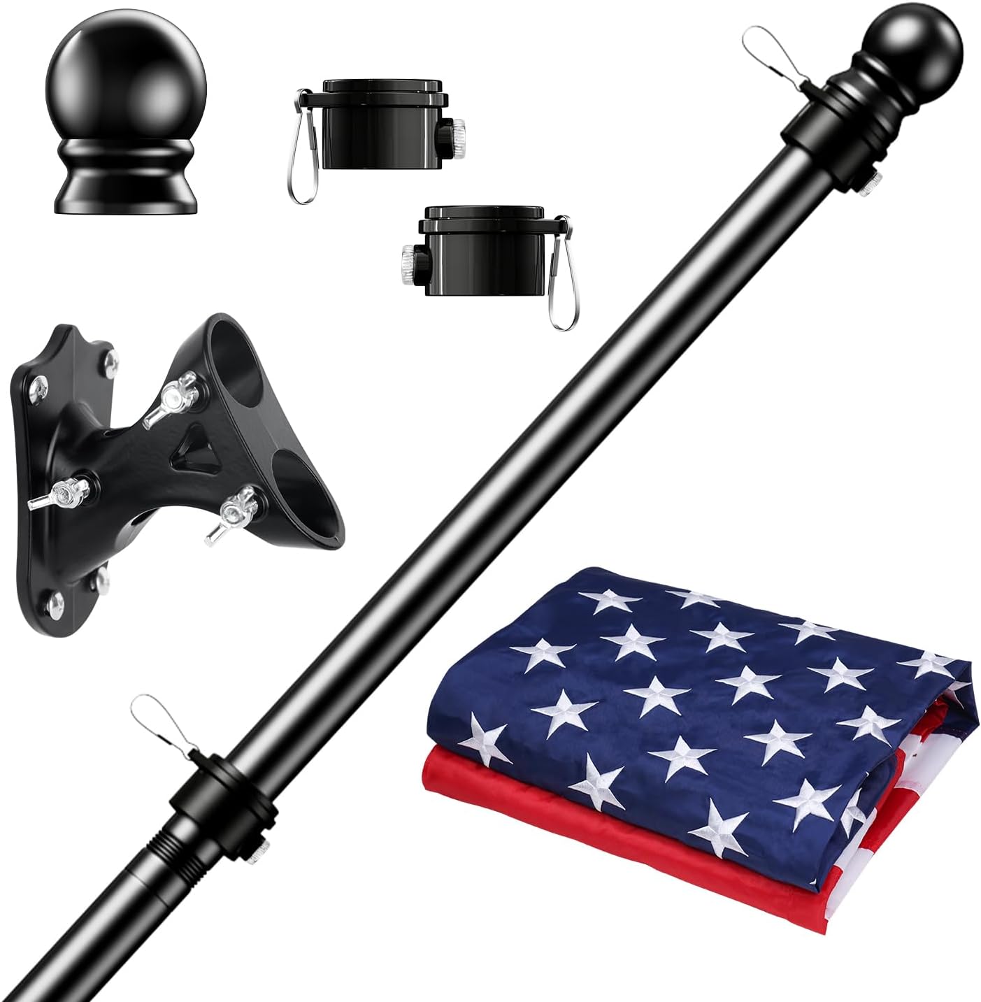 PHITRIC Flag Pole Kit with 3x5 American Flag, Tangle Free Spinning Stainless Steel Rustproof Flagpole for 3x5 Sports Fan Outdoor Flags for Outside House (Black, 5FT, with Bracket)