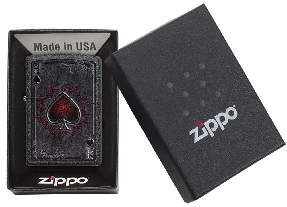 Zippo Briquet Tempête - Modèle As de Pique - Finition Iron Stone avec Color Image - Rechargeable - Réutilisable - Design Coupe-Vent - Coffret Cadeau Fabriqué aux États-Unis