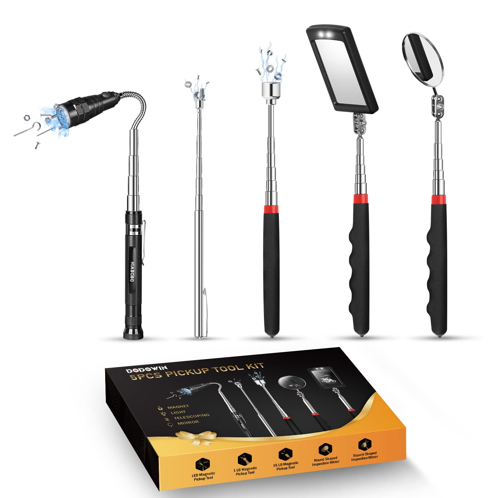 DODOWIN Extendable Magnet Pickup Tool Set 5PCS, Birthday Gifts for Men Husband Dad, with 1&8 lb Sticks, Round and Square 360° Adjustable Inspection Mirror, Personalized Gift for Men