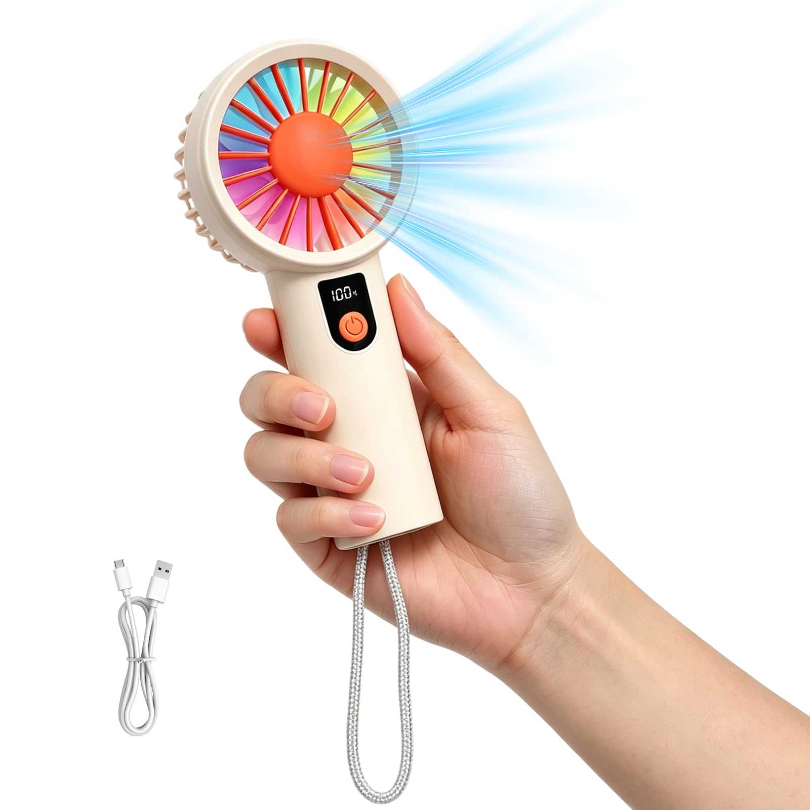 Hittriu Handheld Fan Electric, Rechargeable Personal Fan Desk 7 Color Lights, LED Display, Small Quiet Portable Fans for Bedroom Travel Office Camping Outdoor(Apricot)