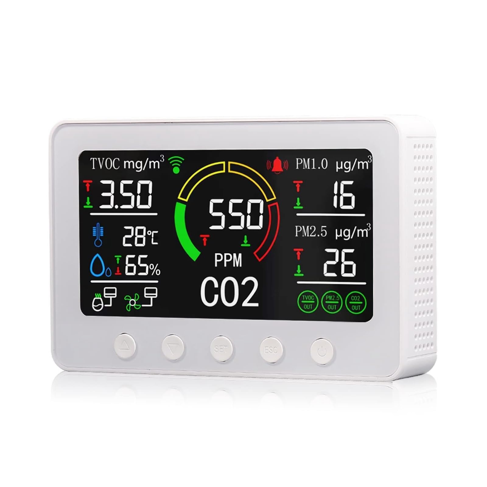 Monitor jakości powietrza w pomieszczeniach Wi-Fi Inteligentny monitor jakości powietrza Miernik NDIR CO2 6 w 1 Cyfrowy czujnik temperatury i wilgotności do domu, kuchni, biura, samochodu