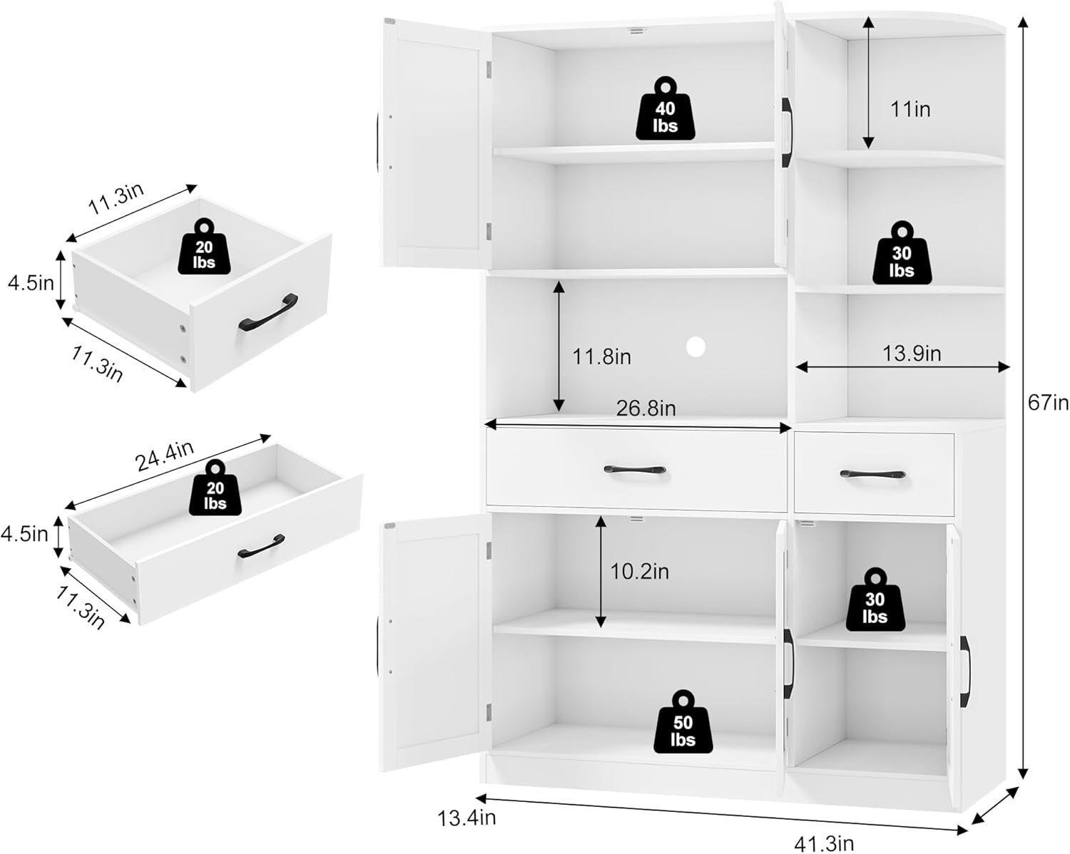 67" Kitchen Pantry Cabinet, Modern Kitchen Hutch with 5 Doors and 2 Drawers, 3-Tier External Shelf, Large Pantry Storage Cabinet with Microwave Stand for Dining Room (White)