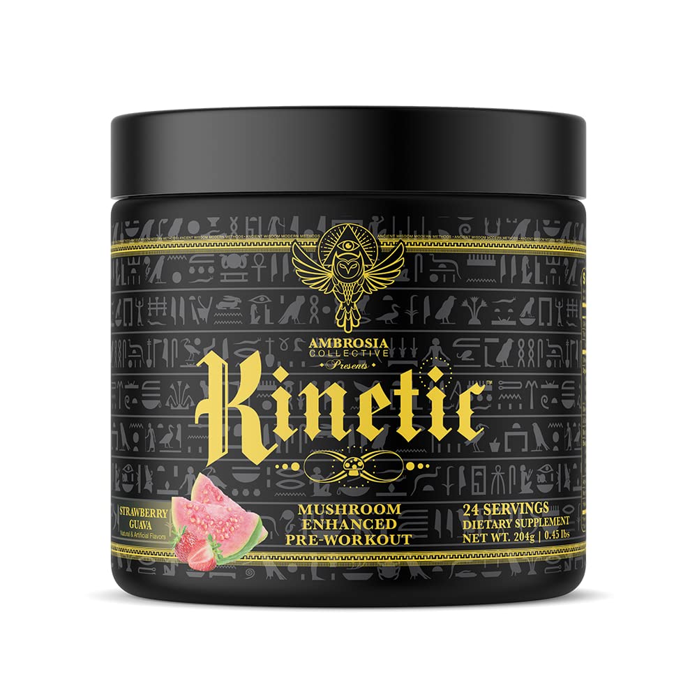 Ambrosia Organic Mushroom Pre Workout Powder | Lion's Mane, Cordyceps & Reishi | Clean Pre Workout | Mushroom Energy & Focus | 24 Servings | Strawberry Guava