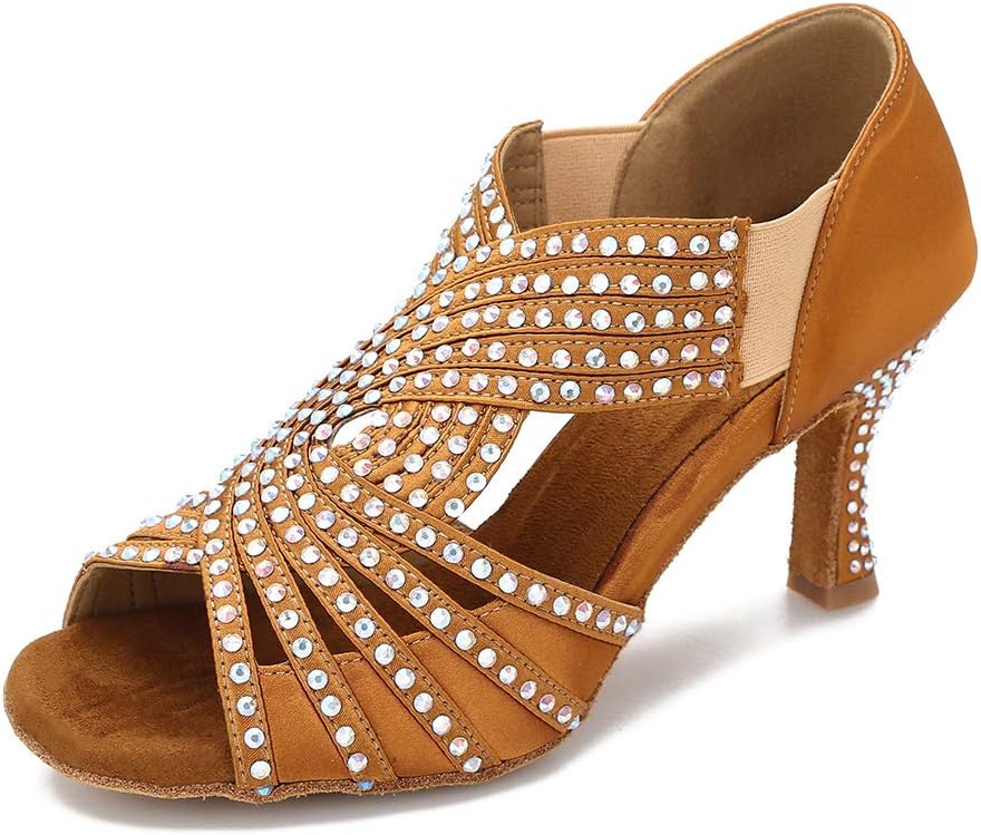 Women Rhinestone Dance Shoes Ballroom Latin Salsa Bachata Performance Dance Dancing Shoes, Tan-2.5inch Heels, 10