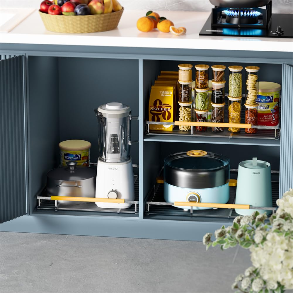 SANNO Erweiterbares ausziehbares Schrankregal, Organizer mit Schieberegal, Bodenmontage, ausziehbares Regal, Schublade für Schrank, Zuhause, Küche, Bad (3er-Pack)