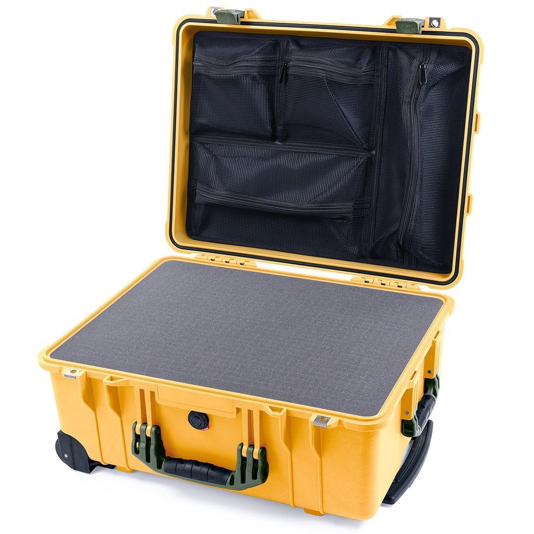 ColorCase Pelican Protector 1560 Case Yellow - Waterproof Case with Pick & Pluck Foam & Mesh Lid Organizer - OD Green Handles & Latches