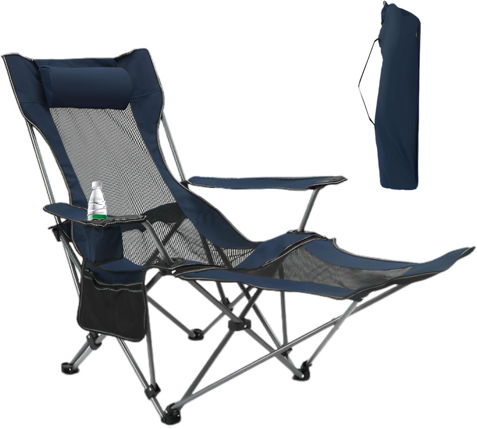 VAODO 2-in-1 Folding Camping Chair, Portable Mesh Beach Chair with Headrest, Detachable Footrest, Cup Holder and Storage Bag, Lounge Chair, for Beach, Lawn, Camping, Fishing BBQ, Navy