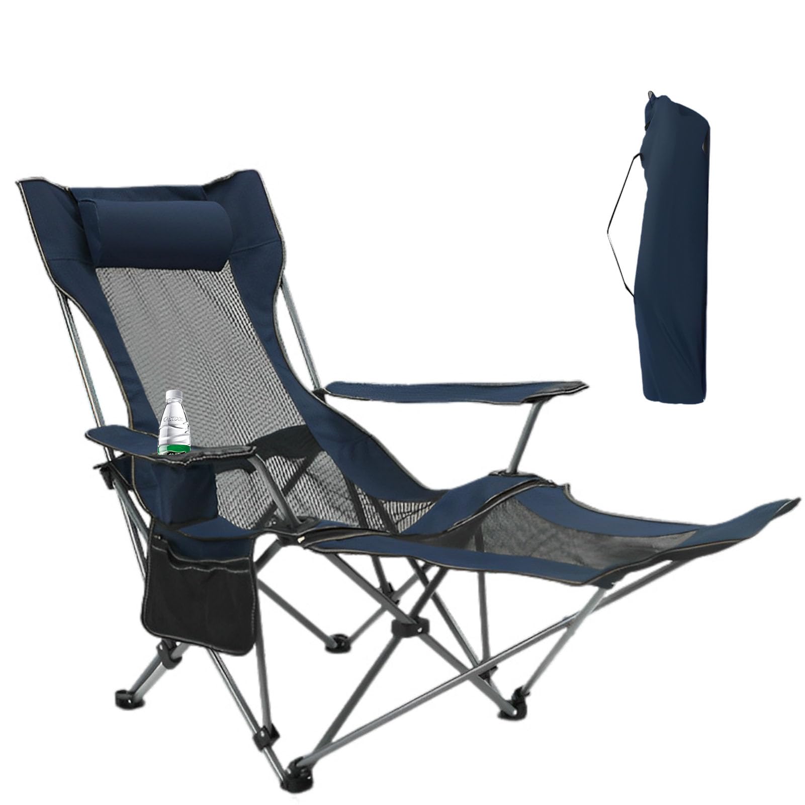 VAODO 2-in-1 Folding Camping Chair, Portable Mesh Beach Chair with Headrest, Detachable Footrest, Cup Holder and Storage Bag, Lounge Chair, for Beach, Lawn, Camping, Fishing BBQ, Navy
