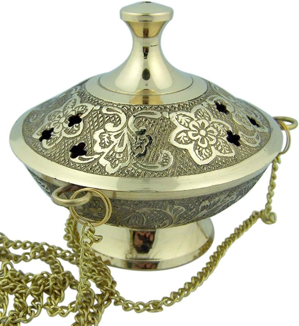Gold Plate Over Brass Conical Incense Holder, 3 1/2" Dia - 3" H with 9" Chain