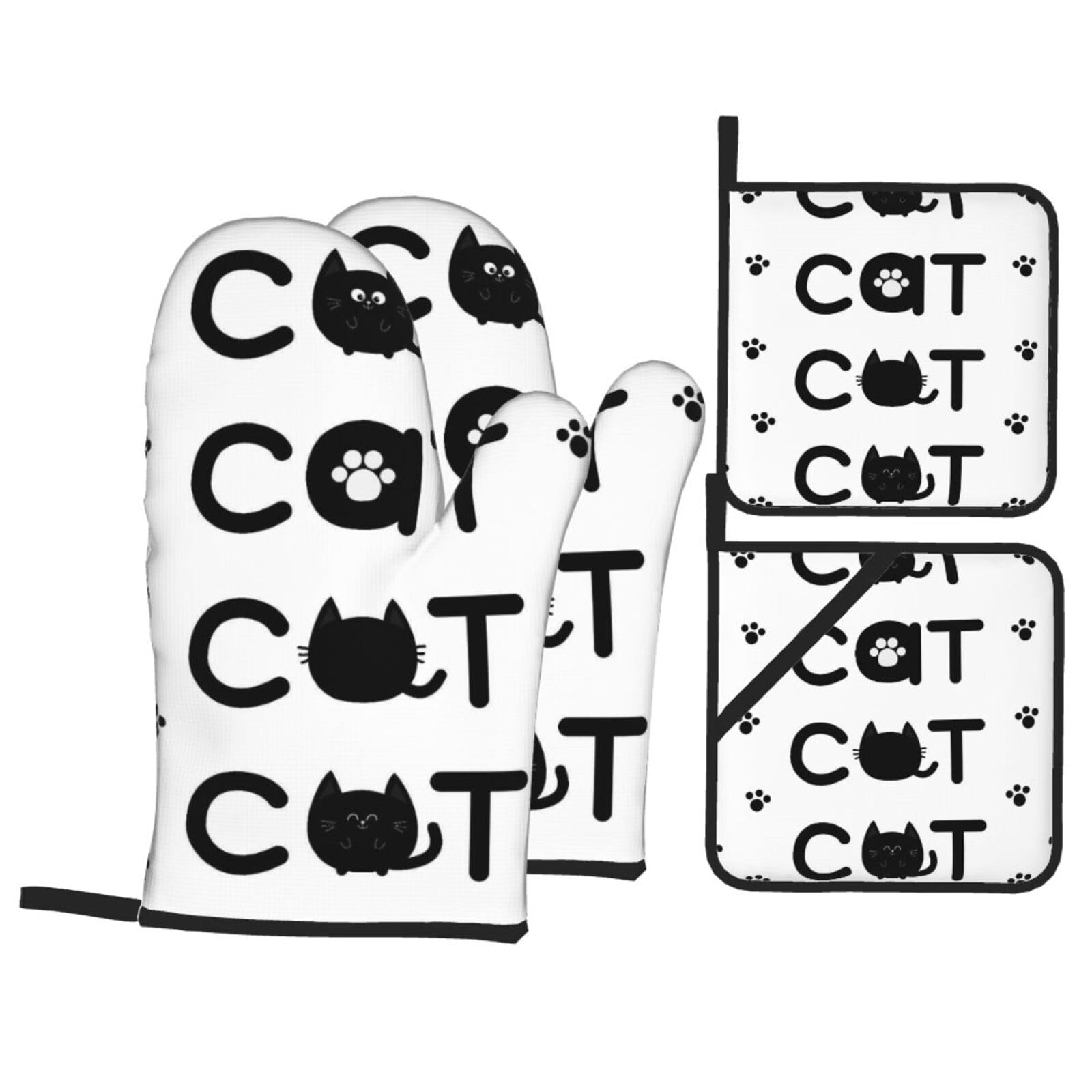 4 Piece Oven Mitts & Handle Covers Set | Text Out of Round Shaped Cute Cats with Little Paw Prints in Black and White Heat Resistant Baking Gloves with Hanging Loops for Grilling