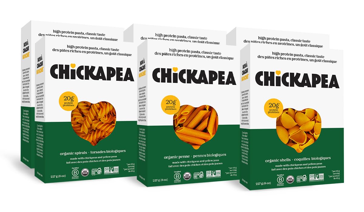 Chickapea Organic Chickpea Pasta - Spirals  Penne  Shells Variety Pack - 227g (Pack of 6)