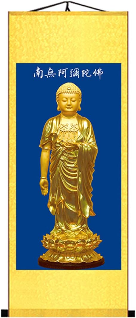 Zzooi Asian Grace Art Chinese Style Buddha Portrait Namo Amitabha Wall Art Hanging Silk Painting,Amituofo Chant