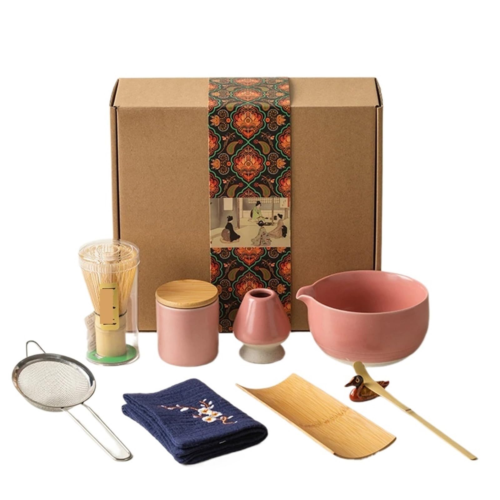 9pcs Matcha Set With Ceramic Bowl, Whisk And Tea Spoon, Ceremony Matcha Kit(Pink)