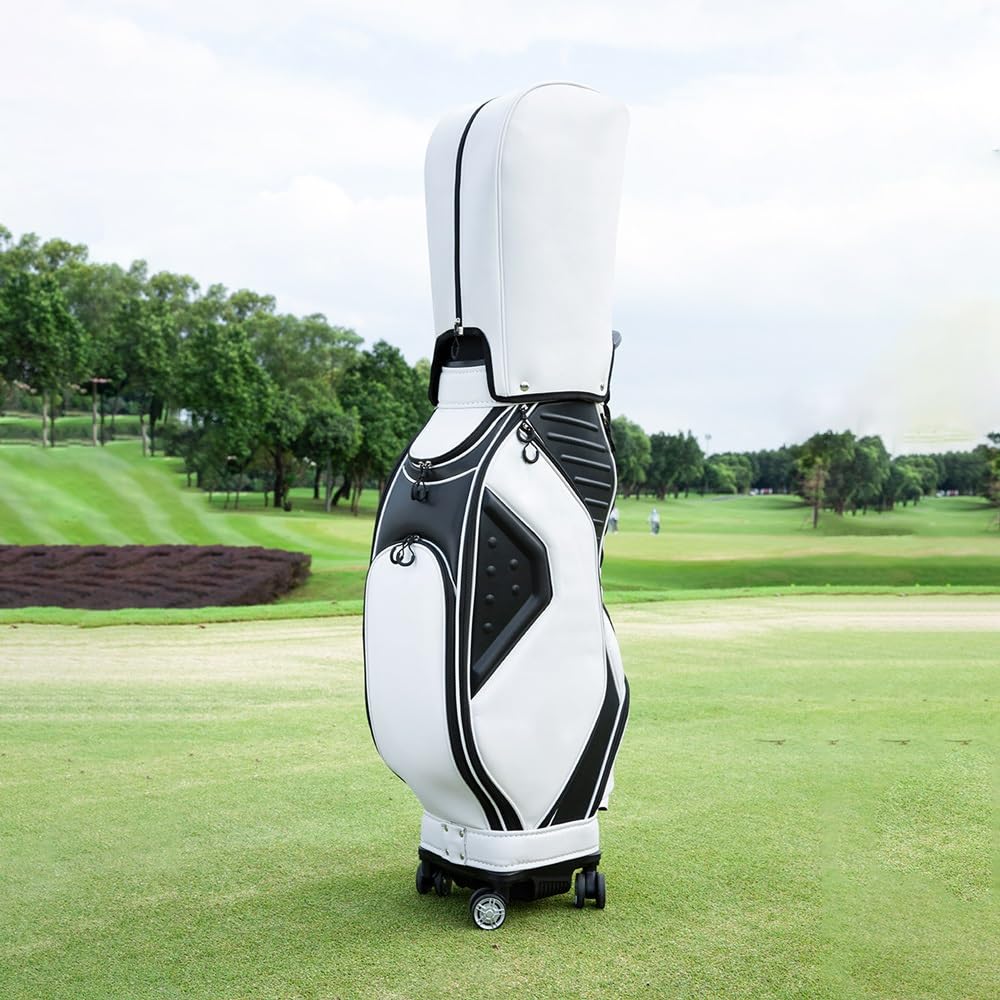 Torba golfowa z 8 górnymi przegródkami, ergonomiczna, chowana torba na kije golfowe z kółkami, pokrowcem przeciwkurzowym, paskiem plecaka i górnymi przegródkami(White)