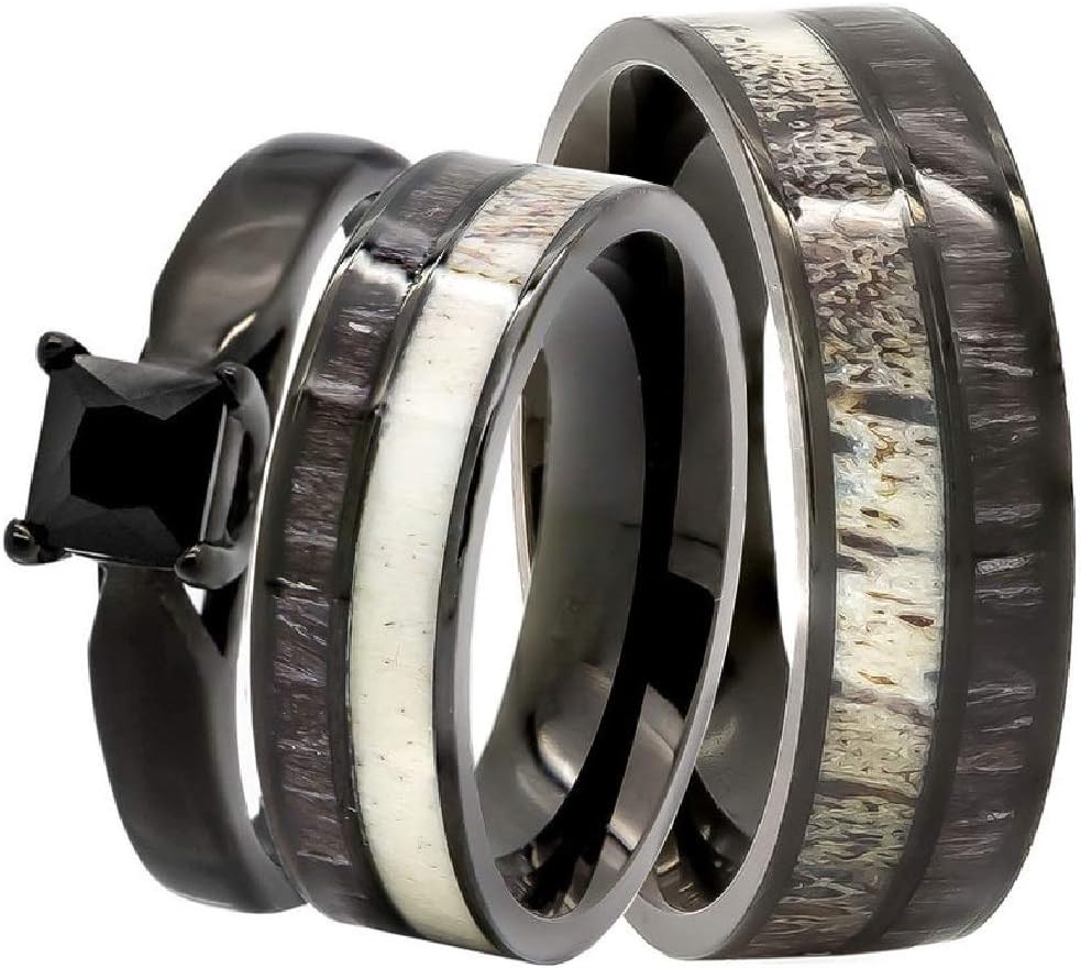 3 pc His and Hers Black Koa Wood Rings Set - Deer Antler Rings - Wooden Rings - Wedding Rings - Wooden Wedding Rings - Wood Ring - Wedding Ring - His and Hers Rings