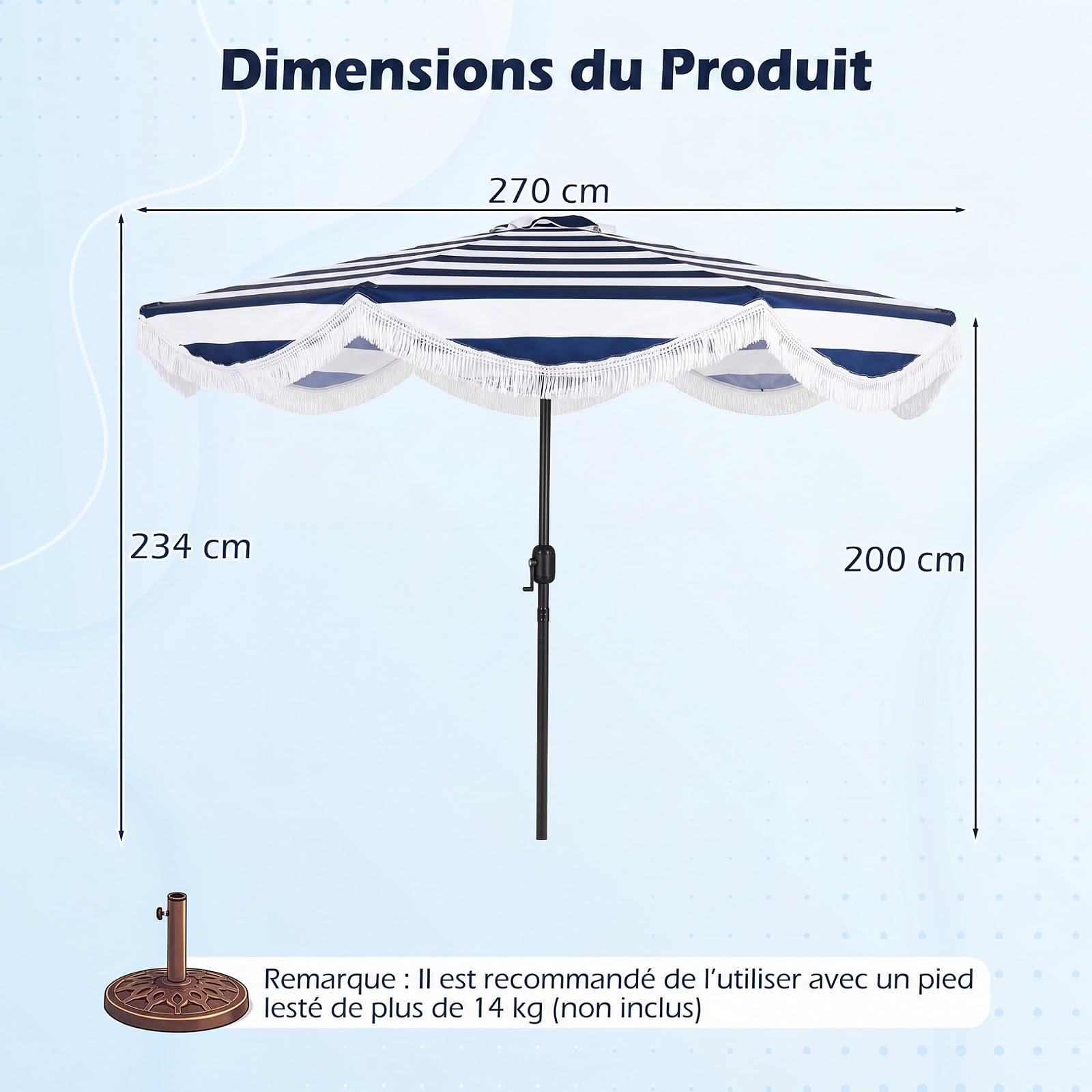 COSTWAY Parasol de Jardin Exterieur sans Pied Ø2,7M, Parasol Plage à Volants avec Franges, 30° Inclinaison, 8 Baleines, Manivelle, Tissu en Polyester, pour Piscine Balcon Terrasse