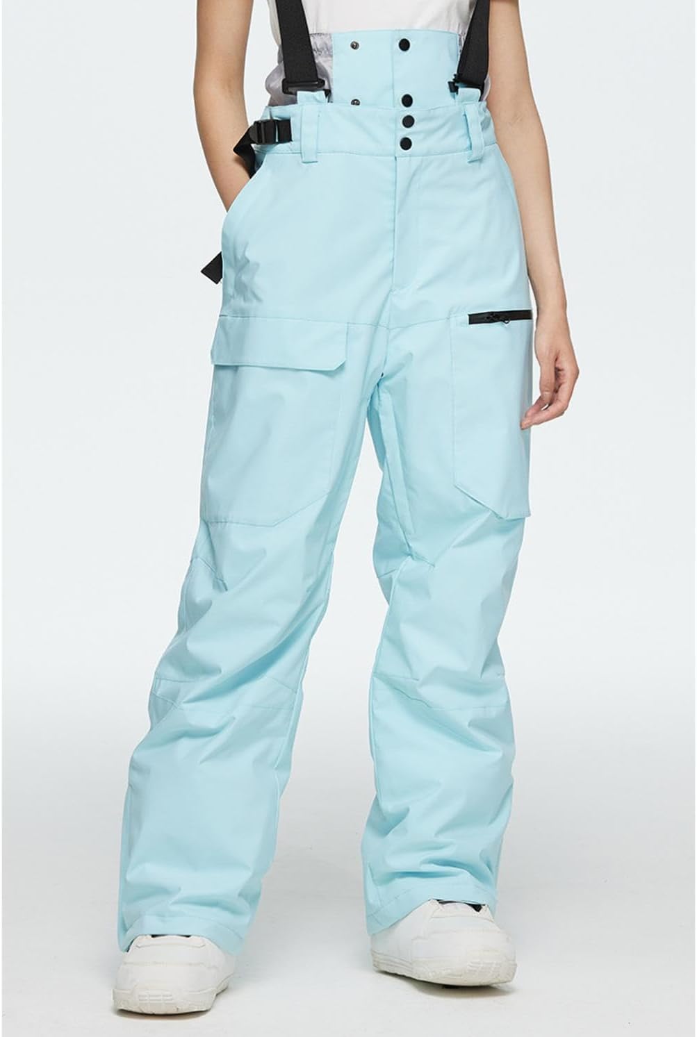Women's Ski Pants Waterproof Bib Suspender High Waist Wide Leg Snow Pants Windproof Insulated Cargo Pocket Snowboard Trousers