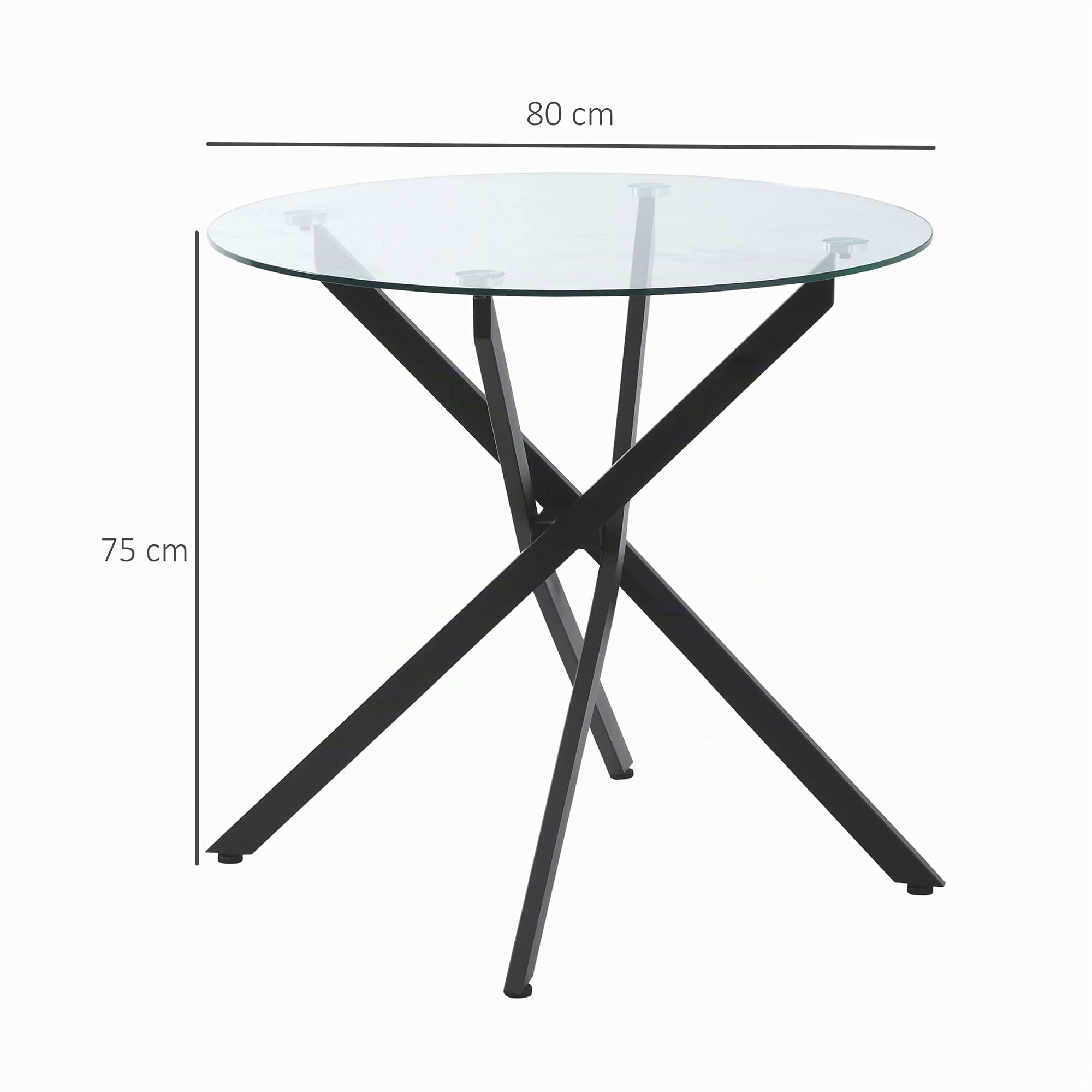 HOMCOM Tavolo Rotondo in Vetro e Gambe Incrociate in Metallo, Tavolino Moderno per Soggiorno e Studio, 80x80x75cm, Nero