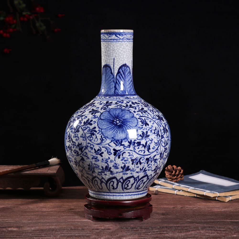 asdchZen Blue & White Porcelain Vases Ceramic Vase Hand-Painted Underglaze Color Antique Crack Glaze Blue And White Porcelain Vase Living Room Chinese Ornaments Rustic Home Decor Ceram,F