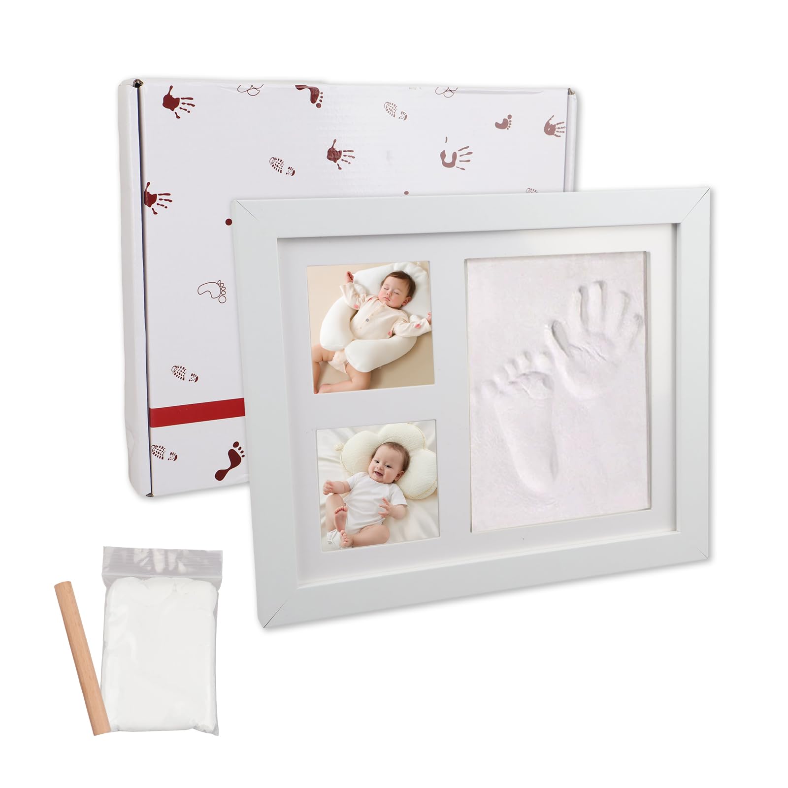 JUNJIEFU Gipsabdruck Baby Abdruck, Baby Handabdruck und Fußabdruck Set, Abdruckset mit Echtholz Bilderrahmen, Dusche Abdruckset, für Haustier pfotenabdruck Set, Babydusche Geschenk/Babyparty