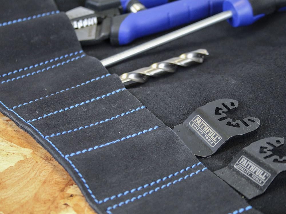 Faithfull Suede Leather Tool Roll, 10 Pocket, Hand Tool Organiser with Press Stud Fastening for Carpenters Woodworkers - Image 4