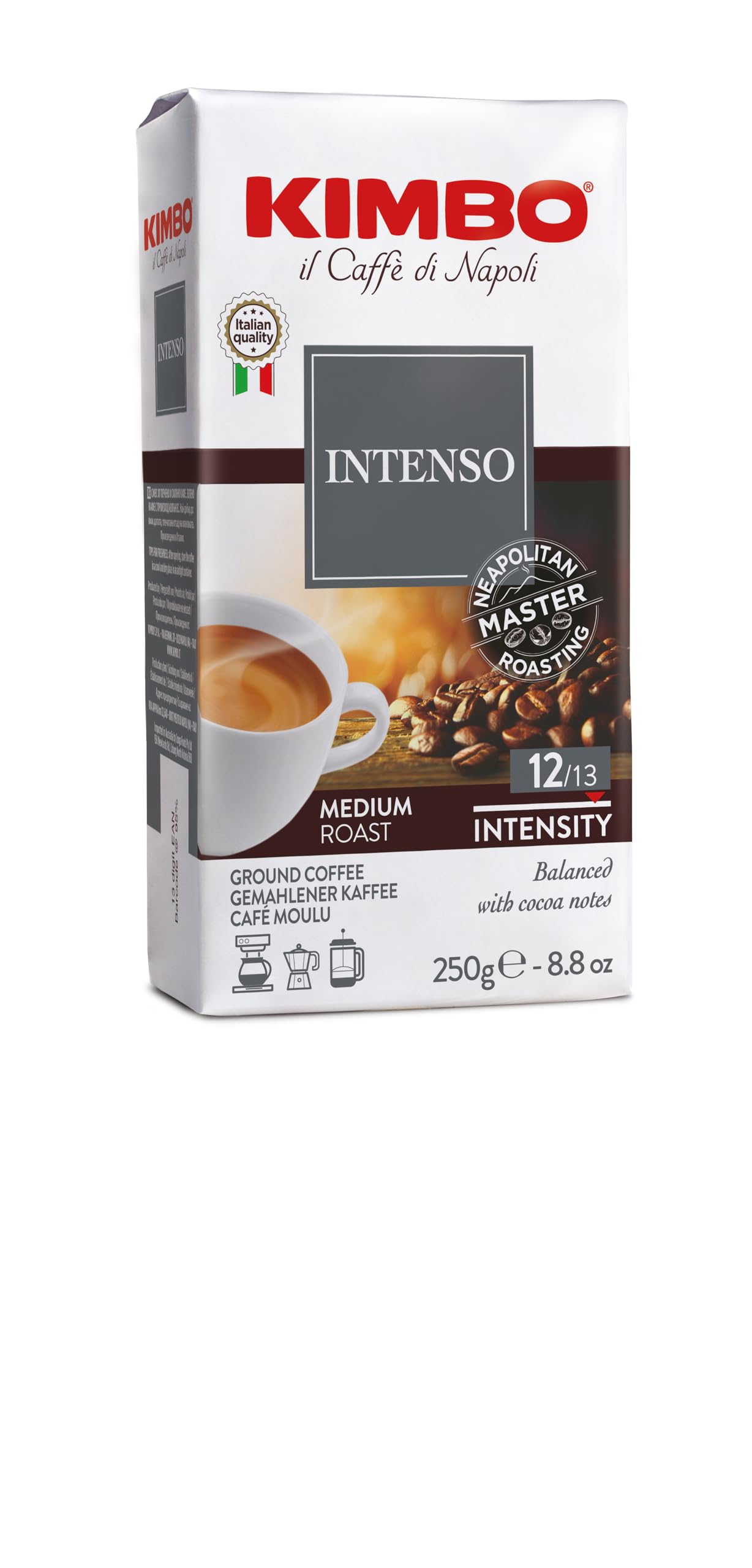Kimbo Coffee Intenso Ground Coffee 250g | Italian Ground Medium Roast | Full Body, Traditional Naples Blend | Arabica Grind | Roasted in Naples, Italy
