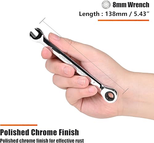 Miniatura 90 de Egofine Llave combinada de trinquete de 7/16 pulgadas SAE, llave de engranajes de grado industrial con diseño de 12 puntos, trinquete de 72 dientes