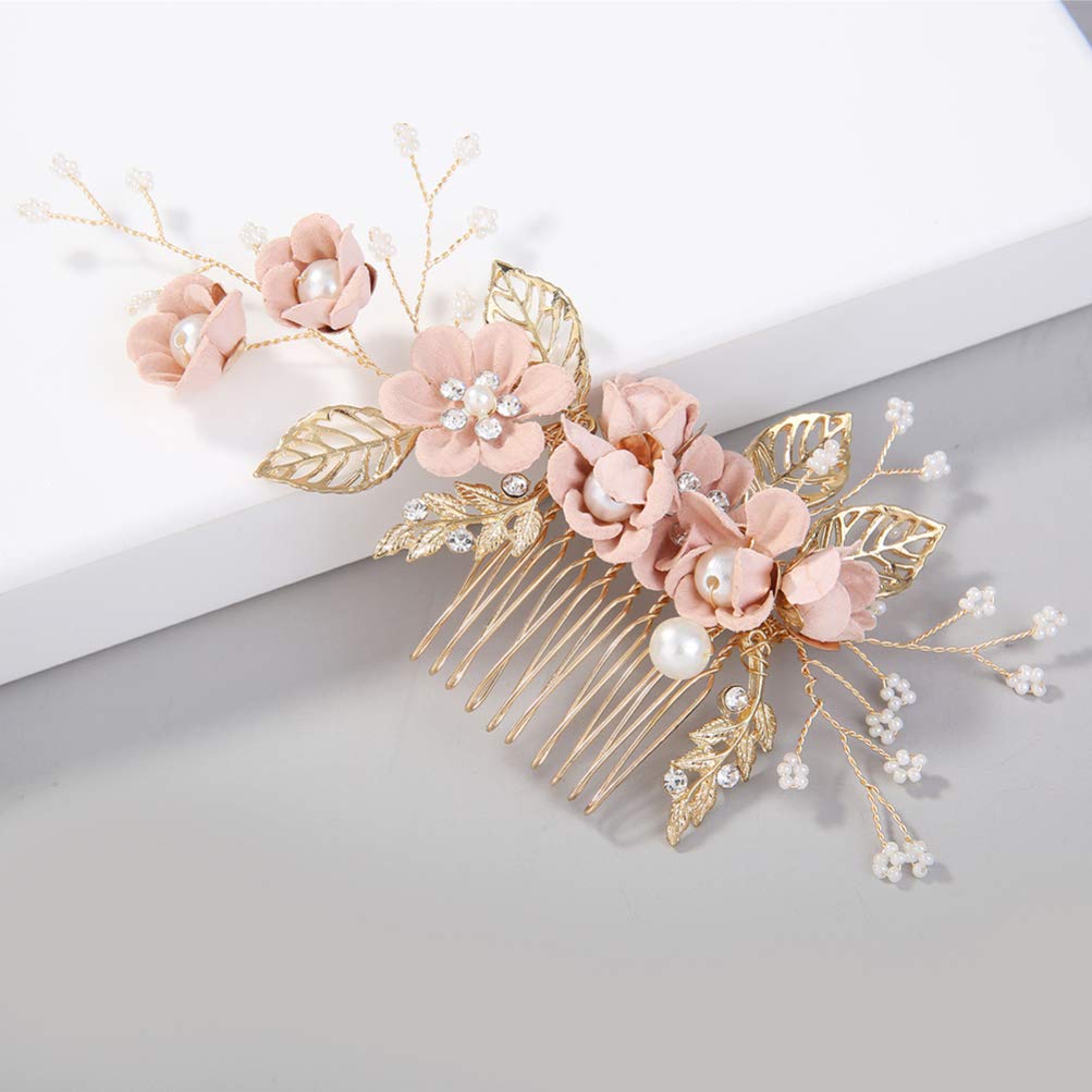 NUOBESTY Bride Hair Clip 4 Pcs Wedding Hair Comb Rhinestones Crystal Floral Bridal Hair Clips Hair Pin Hair Jewelry for Wedding Dress Accessories (Pink) Hair Combs - Image 5