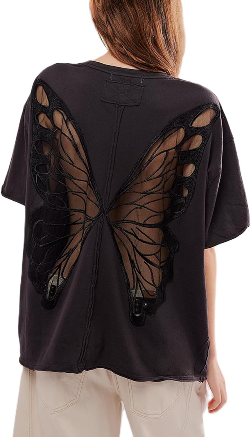 Women Butterfly Cutout Shirt Short Sleeve Crew Neck Solid Color Loose Fit Tee Vintage Y2K Streetwear Oversized Top