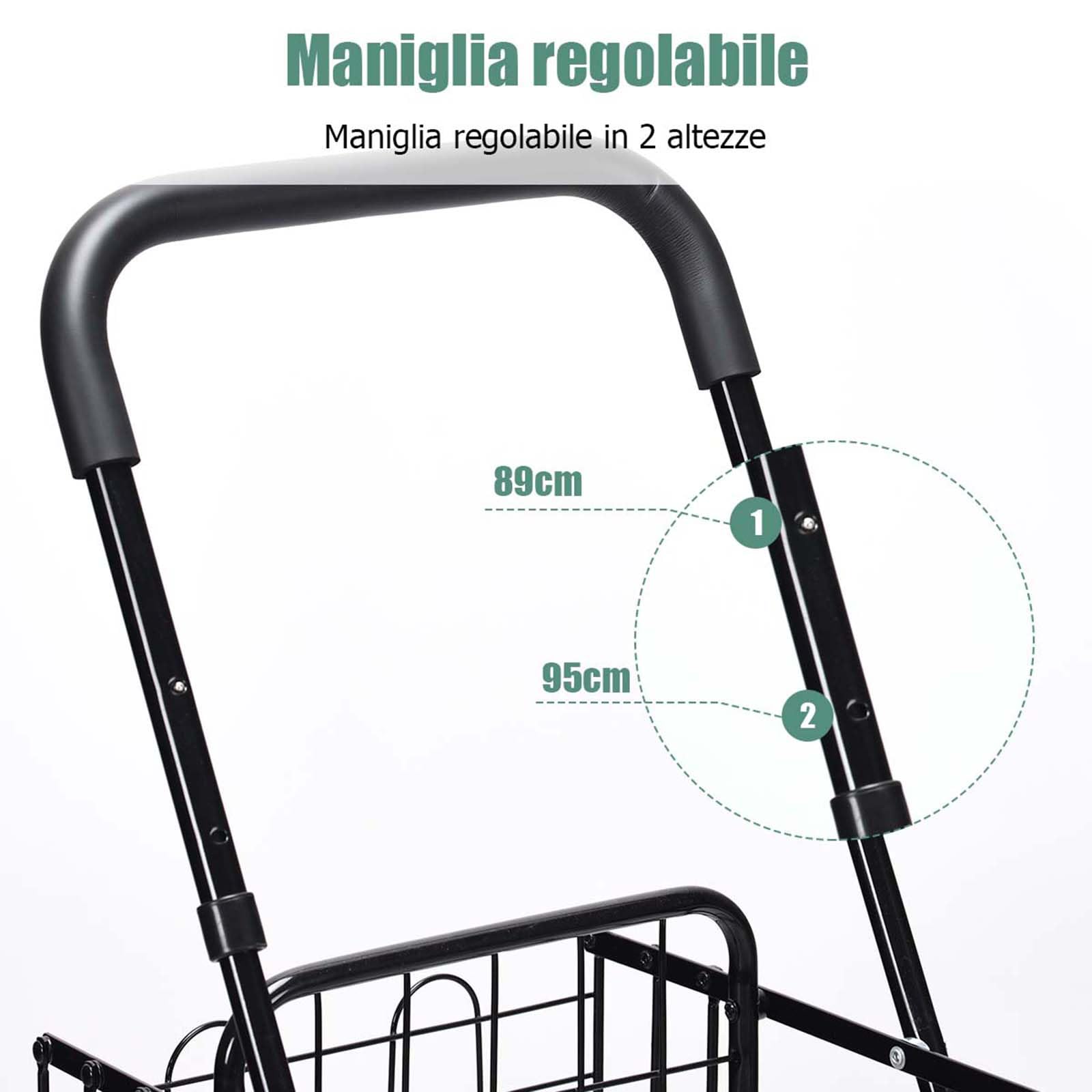 COSTWAY Carrello Portaspesa Pieghevole, Carrello Spesa con Ruote Girevoli a 360 °, Manico Regolabile, 2 Cesti, Capacità di Carico: 20 kg, 58L, 43 x 52 x 89-95 cm (Nero)