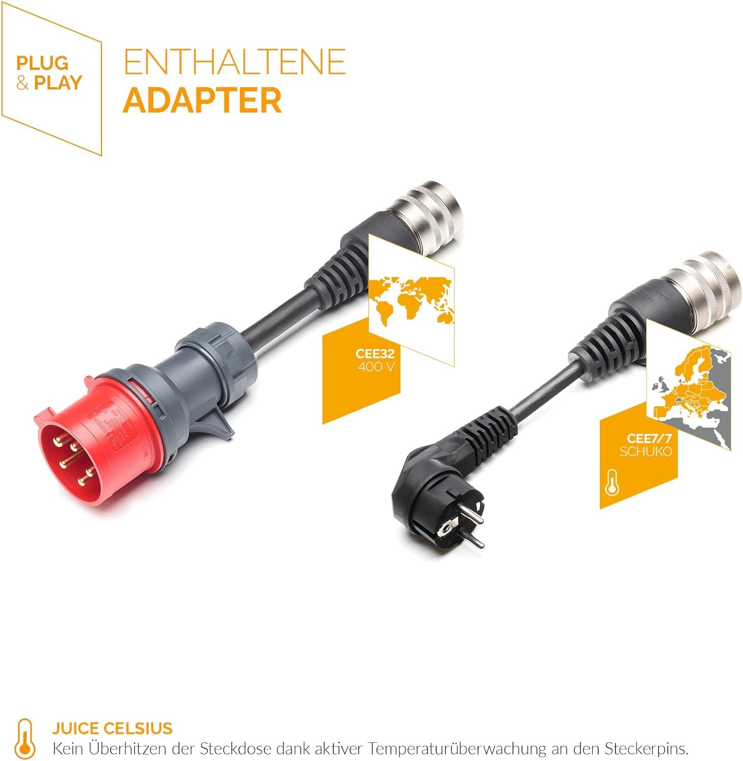 Juice Booster 2 Basic Set, Mobilna Stacja Ładowania Wallbox 22 kW, Ładowarka do Pojazdów Elektrycznych z Port Typu 2, Wodoodporność IP67, Adapter CEE32 Czerwony 3-Fazowy + Schuko EU