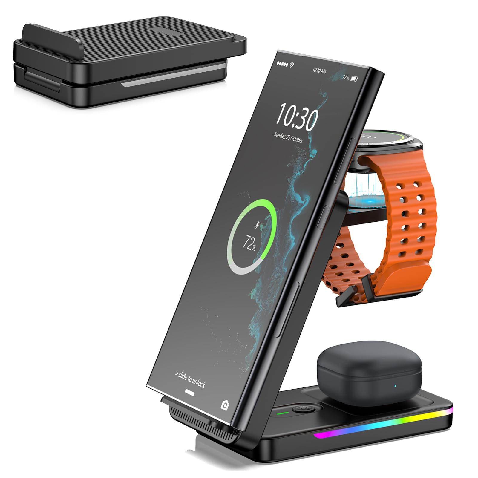 Wireless Charger for Samsung, 3 in 1 Wireless Charging Station for Samsung Galaxy S25 Ultra/S24/S23/Note 20/Z Flip 6/Fold 6, Foldable Charger for Samsung Galaxy Watch Ultra/7/6/5, Buds (Black)