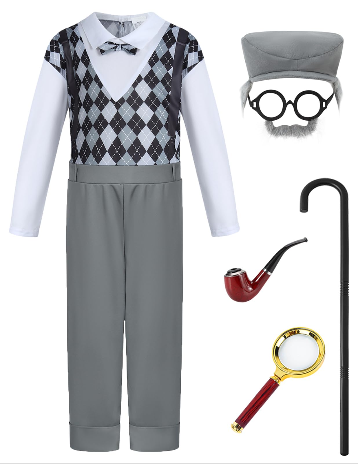 ZFQI Old Man Costume Kids Boys 100 Days of School Costume Grandpa Cosplay Outfit Old Person Toddler Dress Up Accessories