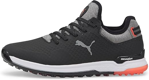 PUMA GOLF Women's Proadapt Alphacat Golf Shoe, Puma Black/Puma Silver/Hot Coral, 8.5