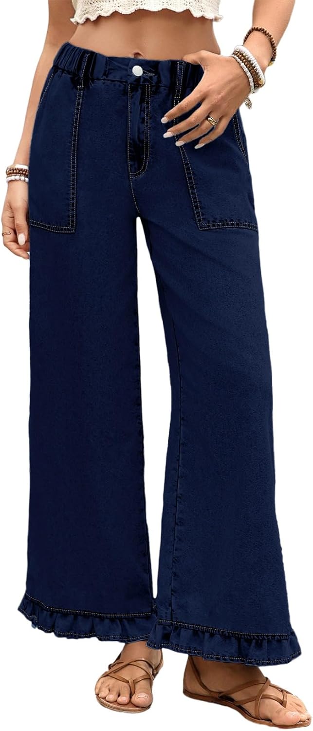 Astylish Wide Leg Jeans for Women Stretch High Wasited Baggy Trendy Denim Jean Ruffle Hem Pants