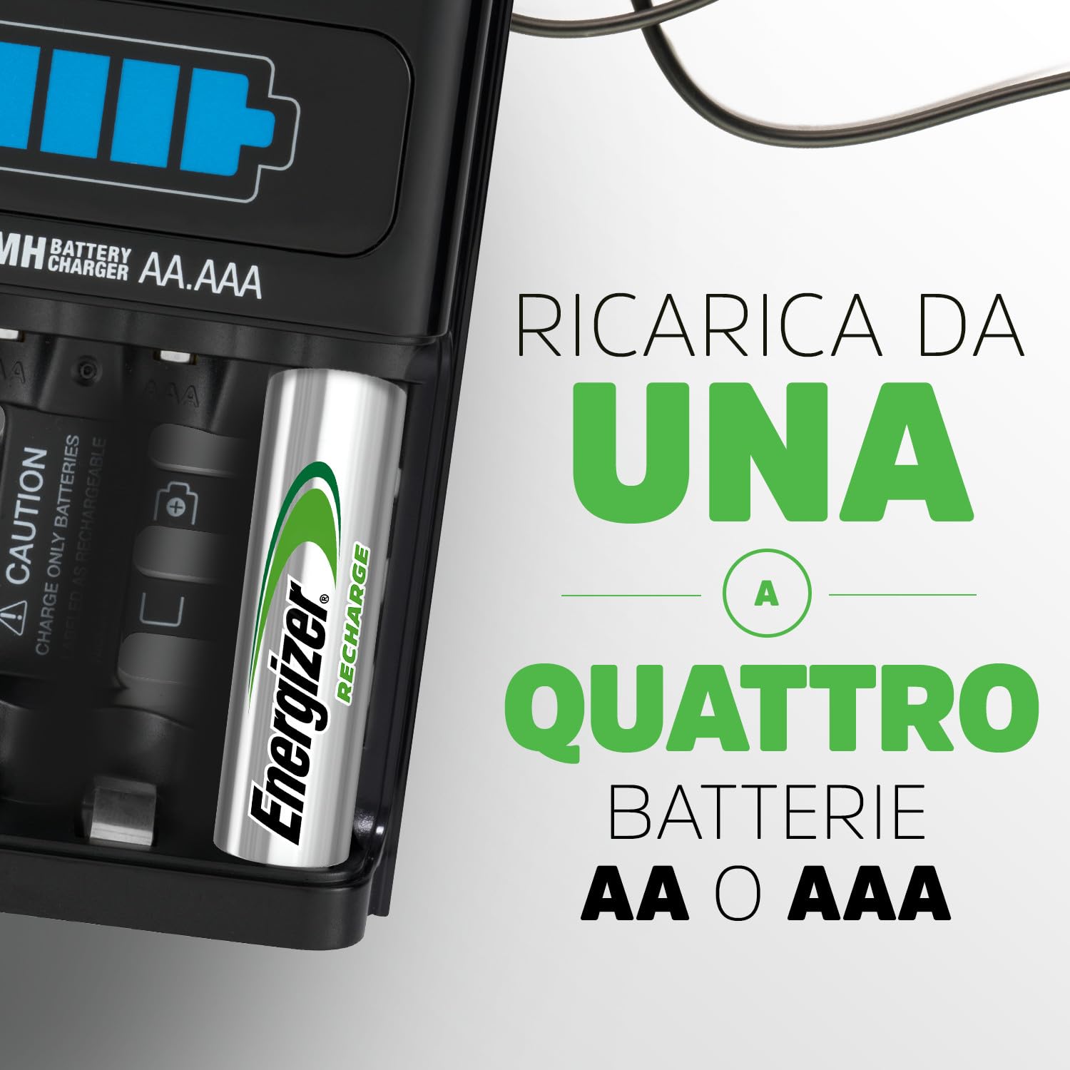Energizer Carica Batterie Ricaricabili AA e AAA NiMH - Include 4 Pile AA 2300 mAh - la ricarica completa in 1 ore - funzioni di spegnimento di sicurezza automatico