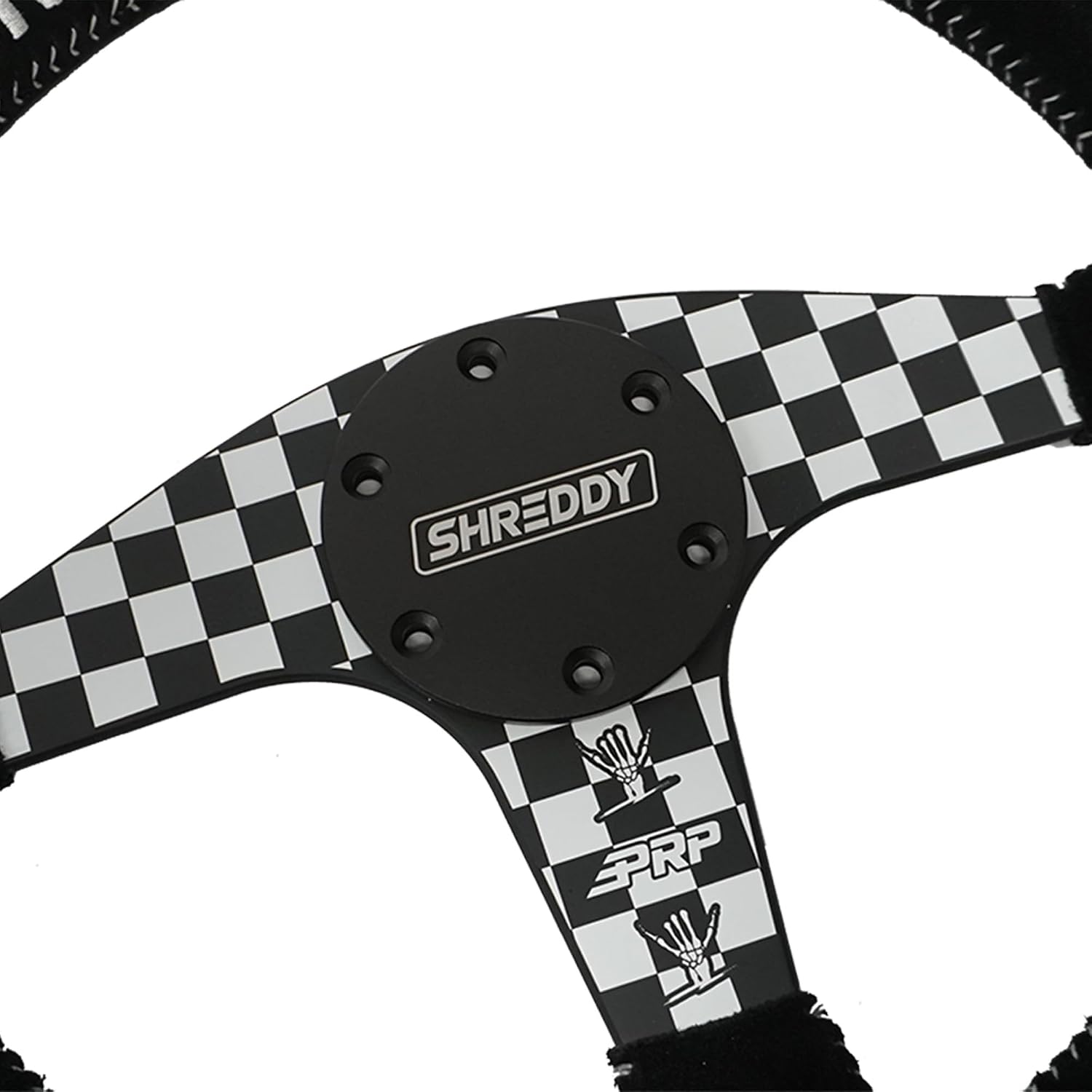 PRP Seats X Shreddy Checkers Wreckers Flat Suede Grip Steering Wheel for Off-Road Racing - High-Strength Aluminum, Moisture-Resistant Suede, 6 Point Bolt Pattern - 13" Dia x 1.5" (Checkered)