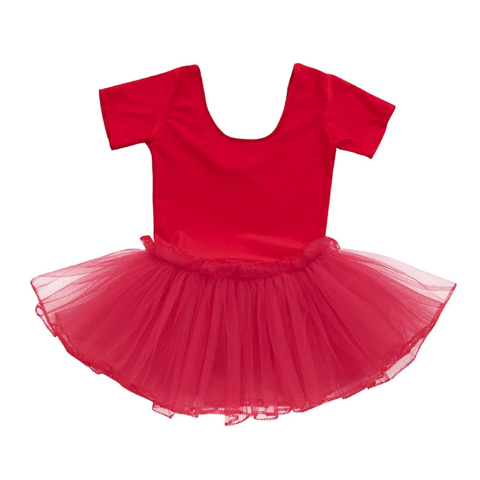 Girls Short Sleeved Training Dress Solid Tulle Tutu Ballet Skirt Performance Dance Ballerina Leotards (Red, 5-6 Years)
