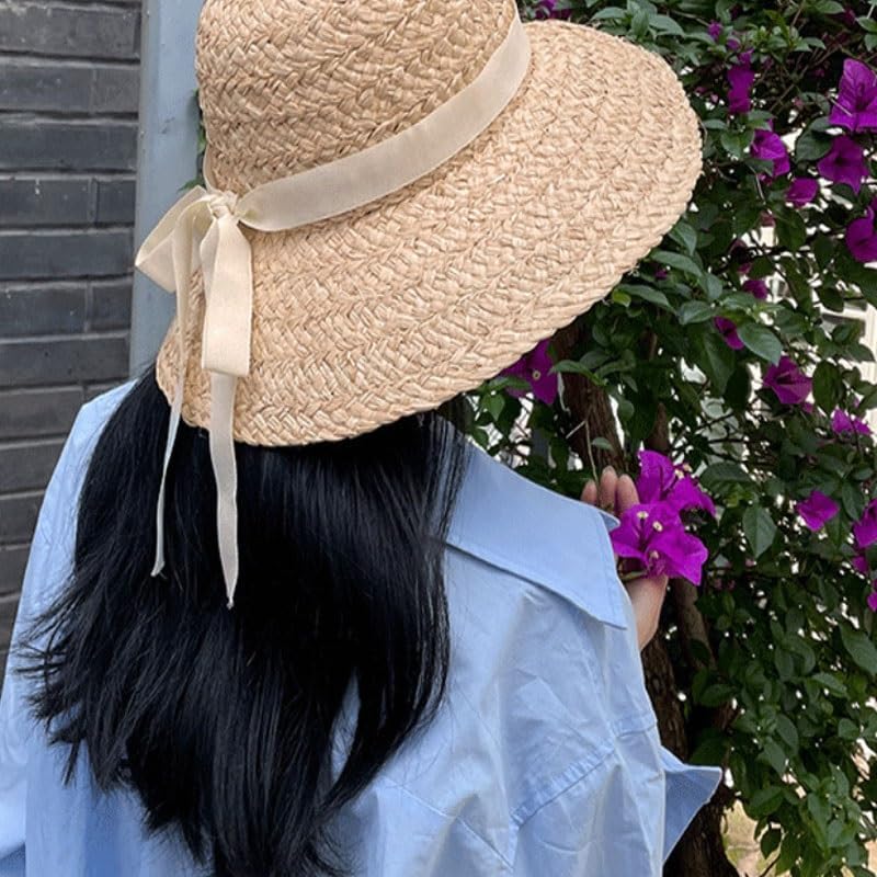 Round Top Wide Brimmed Bow Shaped Straw Hat for Traveling Vacationing The Beach and Sand