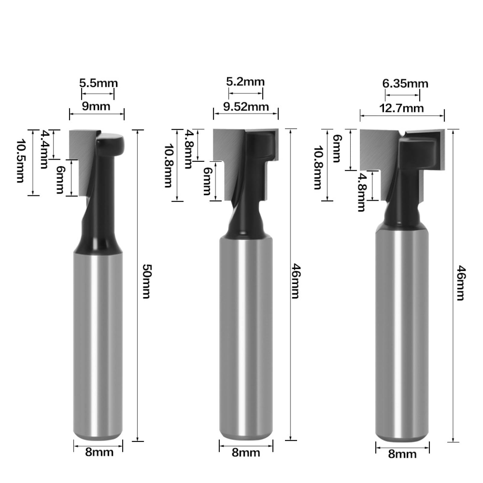 Fresa de carburo para ranurar en T con vástago de 8 mm, para madera, para ranurar pernos hexagonales, fresas de ranurado en T (3 unidades)