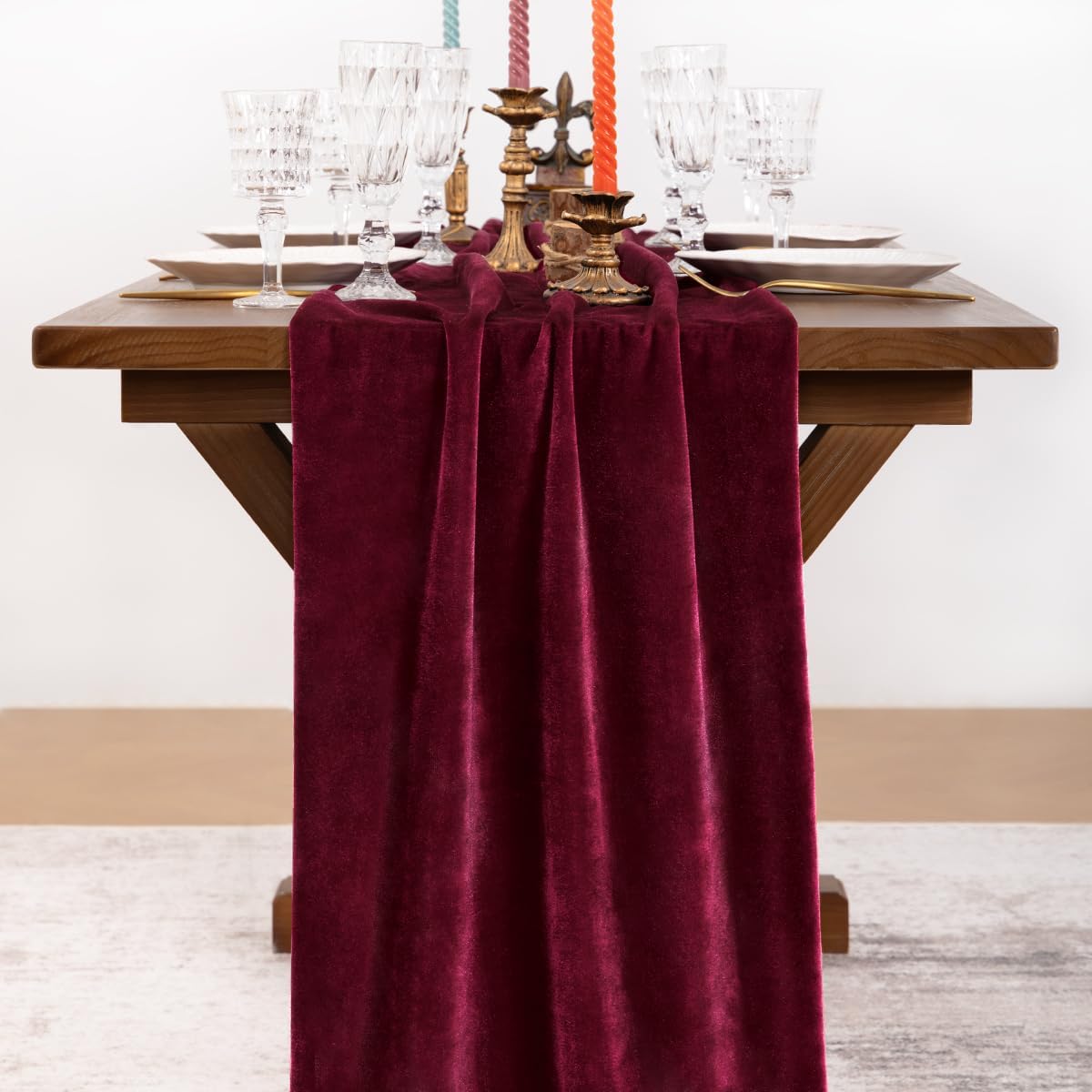 Socomi 4pcs Burgundy Red Velvet Valentine's Day Table Runner Cloth Decor 20 x 120 Inches 10ft Fabric Luxurious Thanksgiving Wedding Runner for New Year Bridal Shower