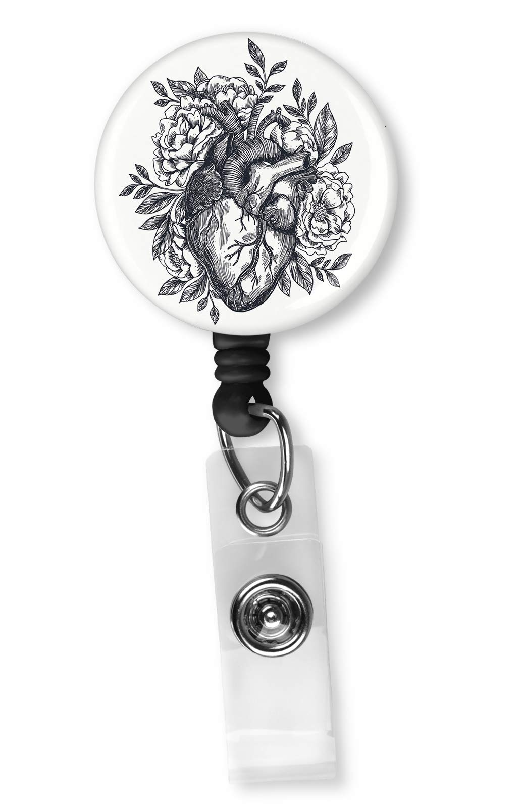 Heart with Flowers Retractable ID Card Badge Holder with Alligator Clip, Name Nurse Decorative Badge Reel Clip on Card Holders