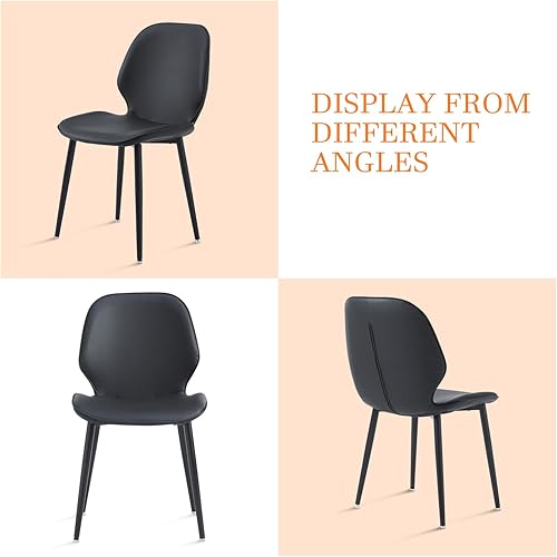 Miniatura 8 de Juego de 6 sillas de comedor tapizadas negras, sillas de comedor modernas de piel sintética de mediados de siglo con patas de metal, sillas