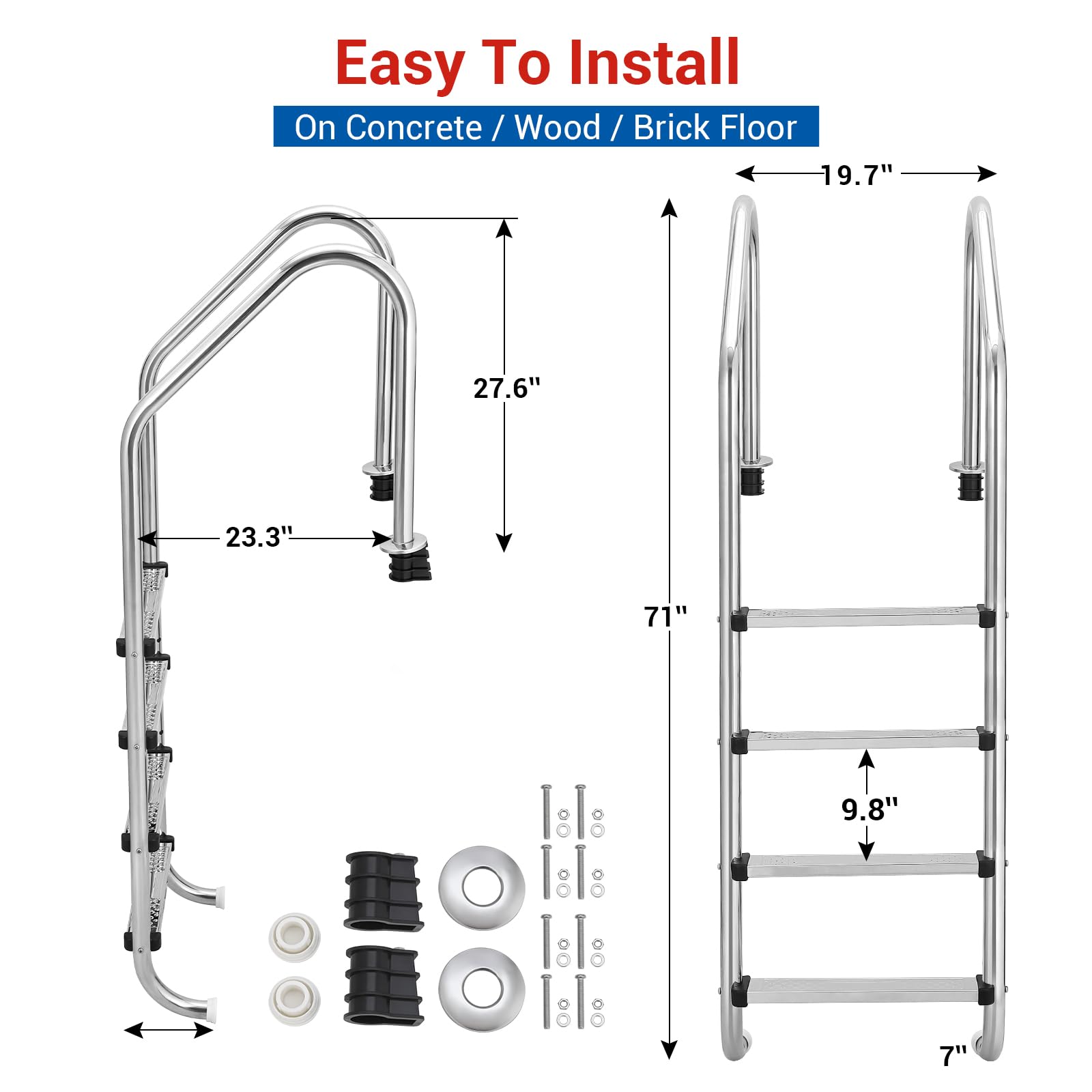Garvee Escalera de Piscina de 4 Peldaños, Acero Inoxidable 304 de Alta Resistencia para Piscinas Enterradas, Peldaños Antideslizantes con Pasamanos Ergonómico, Soporta 180 kg, Fácil Instalación.