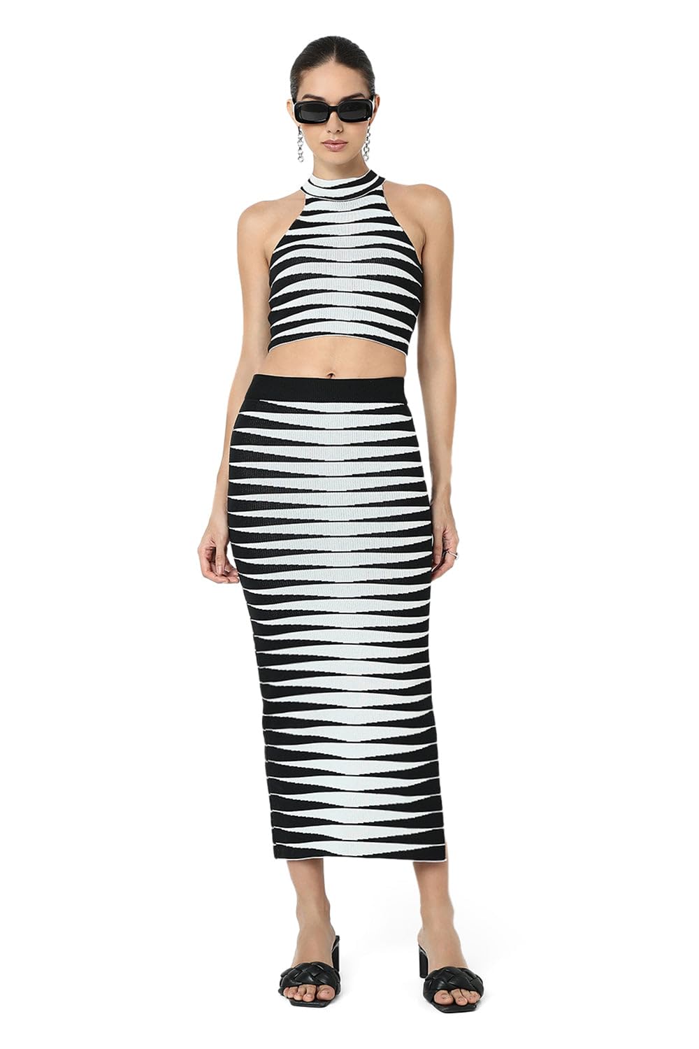 showoffff Edition Women's Wavy Striped Black Halter Neck Crop Top with Skirt Co-ords Set-CHN-M2219_Black_M-picture-52
