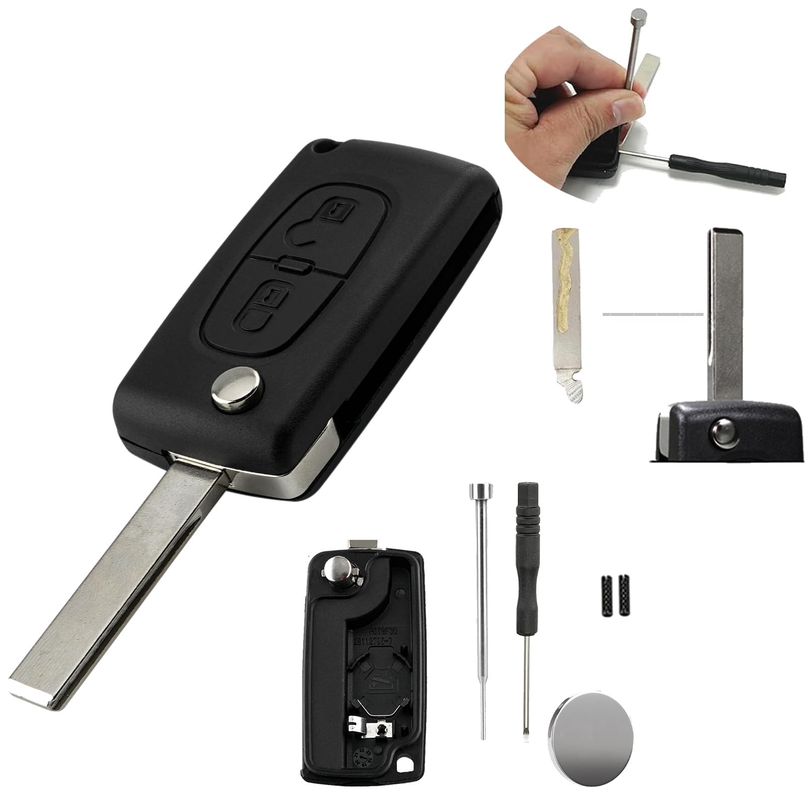 2 Buttons CE0536 Car Key Fob For Peugeot 207 307 308 3007 3008 5008 Expert Partner,For Citroen C1 C2 C3 C4 Dispatch Picasso with HU83 Blade & Pin Removal Tool&CR1620 Battery