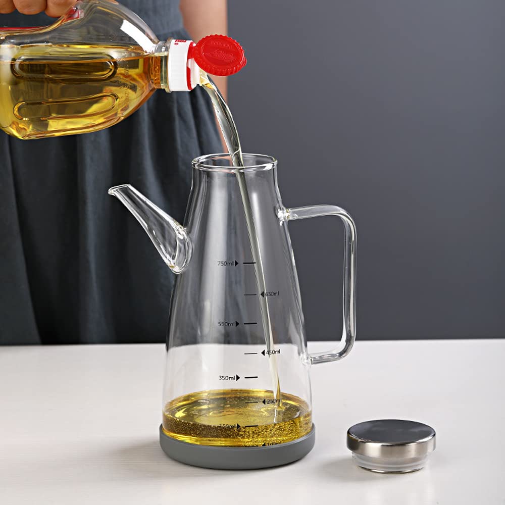 Botella de Aceite, Dispensador Aceite, Aceiteras Antigoteo Cristal, Dispensador de Vinagre y Aceite, para Cocina, Vinagrera, Aceiteras, con Base de Silicona, Escala de Medidas, 800ml