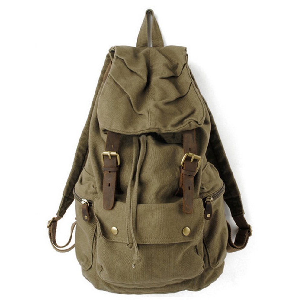 Lazutom Army Green Vintage Canvas Leather Hiking Travel Military Backpack Messenger Tote Bag (Army Green)