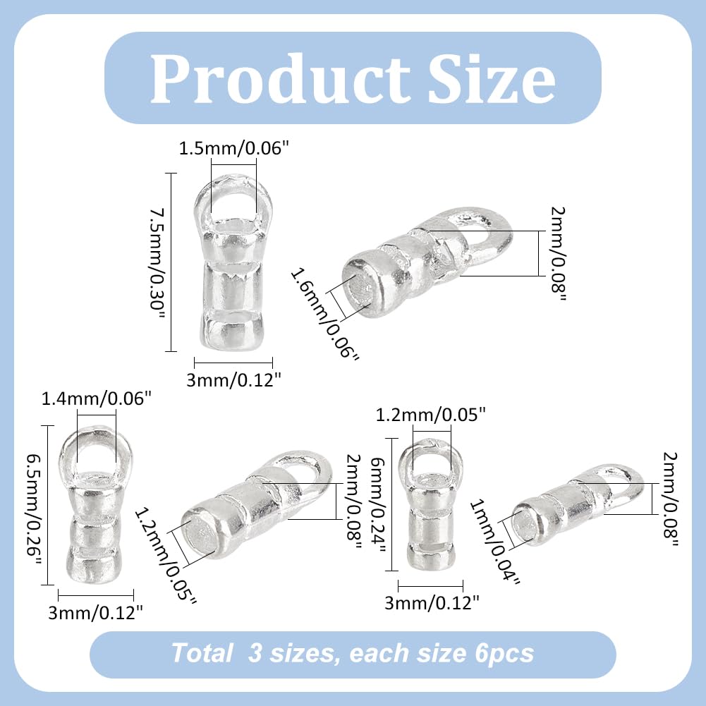 PH PandaHall 18pcs 925 Sterling Silver Cord Ends Caps, 3 Sizes Leather Cord End Glue in Barrel End Caps Tube Beads Ends Connectors for Jewelry Making Necklace Bracelet Anklet DIY Crafts