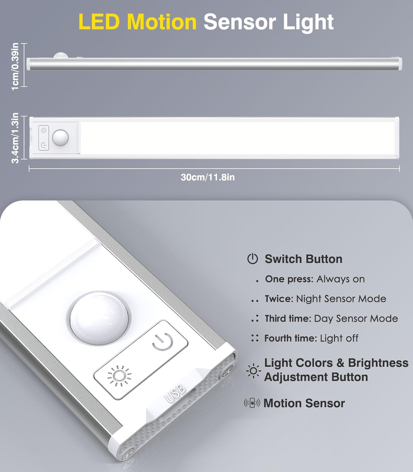 Diagram of the light bar with dimensions and button functions